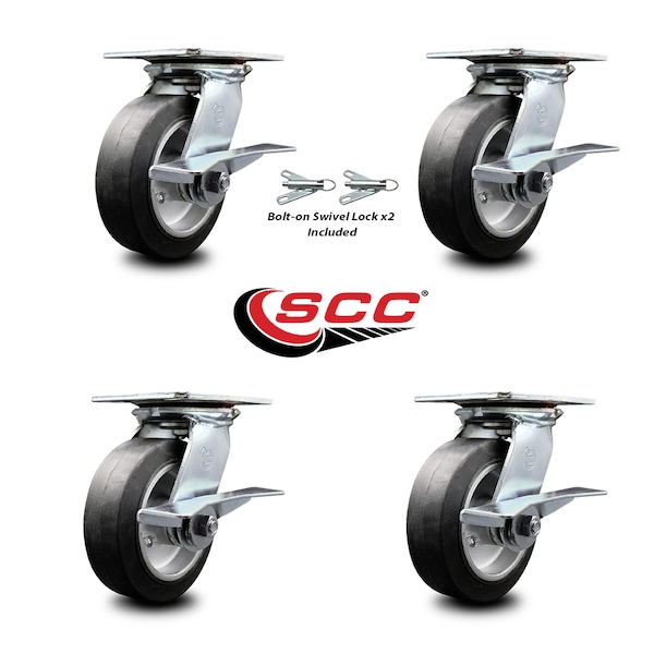 6 Inch Rubber On Aluminum Caster Set With Roller Bearing 4 Brake 2 Swivel Lock